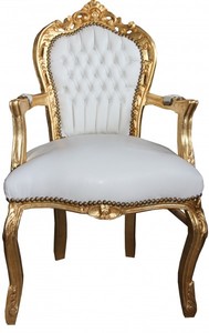 Casa Padrino Barock Esszimmer Stuhl mit Armlehnen Wei / Gold  Lederoptik
