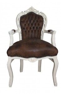 Casa Padrino Barock Esszimmer Stuhl mit Armlehnen Braun / Creme  Lederoptik Antik Look