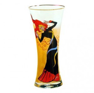 Handgearbeitete Vase aus Glas mit einem Motiv von T. Lautrec Jane Avril 1, Hhe 29 cm - feinste Qualitt aus der Tettau Porzellanfabrik - wunderschne Vase