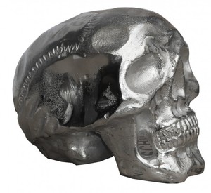 Casa Padrino Designer Skull Mod1S silber Hhe 13 cm, Breite 9 cm, Tiefe 16,5 cm, Totenkopf - edle Skulptur aus Aluminium vernickelt