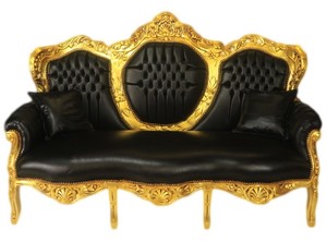 Casa Padrino Barock 3er Sofa King Schwarz Lederoptik / Gold - Wohnzimmer Couch Mbel Lounge