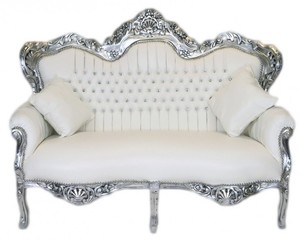 Casa Padrino Barock 2er Sofa Master Wei Lederoptik / Silber - Wohnzimmer Couch Mbel Lounge