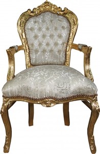 Casa Padrino Barock Esszimmer Stuhl mit Armlehnen in Creme-Weiss Muster / Gold - Antik Mbel - Limited Edition