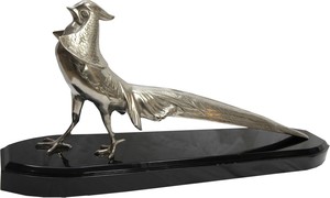 Casa Padrino Luxus Fasan Skulptur Bronze vernickelt auf Holzsockel - Figur Vogel - Edel & Prunkvoll