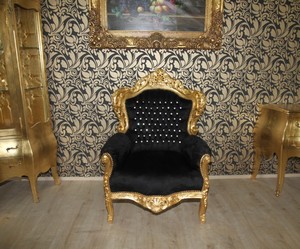 Casa Padrino Barock Sessel King Schwarz / Gold mit Glitzersteinen - Luxus Barock Mbel