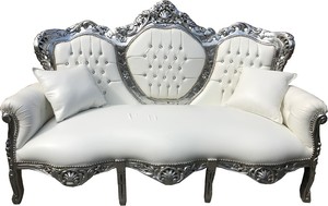 Casa Padrino Barock 3er Sofa King Wei Lederoptik / Silber mit Bling Bling Glitzersteinen - Wohnzimmer Couch Mbel Lounge