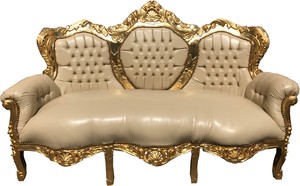 Casa Padrino Barock 3er Sofa King Creme Lederoptik / Gold - Wohnzimmer Couch Mbel Lounge