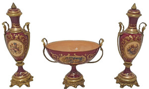Casa Padrino Barock Deko Keramik Vasen Set mit Schale Rot / Mehrfarbig / Messing - Prunkvolle Deko im Barockstil - Barock Mbel - Barock Deko Accessoires - Edel & Prunkvoll