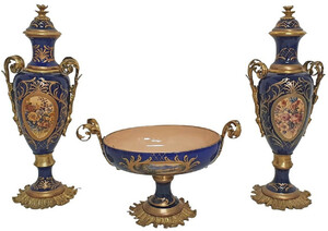 Casa Padrino Barock Deko Keramik Vasen Set mit Schale Blau / Mehrfarbig / Messing - Prunkvolle Deko im Barockstil - Barock Deko Accessoires - Barock Mbel - Edel & Prunkvoll