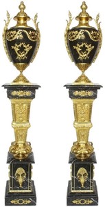 Casa Padrino Barock Deko Porzellan Vasen mit Marmor Sulen Set Schwarz / Gold 30 x 30 x H. 180 cm - Edel & Prunkvoll