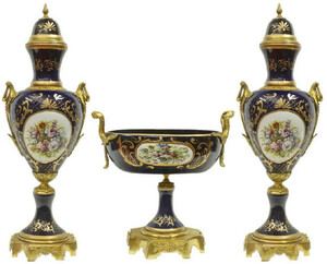 Casa Padrino Barock Keramik Vasen Set mit Schale Dunkelblau / Mehrfarbig / Gold - Deko Accessoires im Barockstil - Edel & Prunkvoll