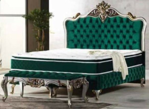 Casa Padrino Barock Doppelbett Grn / Silber / Antik Gold - Prunkvolles Bett mit Matratze - Barock Mbel