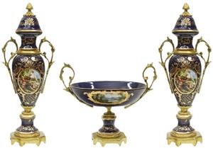 Casa Padrino Barock Keramik Vasen Set mit Schale Dunkelblau / Mehrfarbig / Gold - Prunkvolle Deko Accessoires im Barockstil