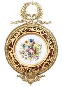 Casa Padrino Barock Keramik Wandbild mit Blumen Design und verziertem Rahmen Mehrfarbig / Bordeauxrot / Gold 28 cm - Barock Deko Accessoires