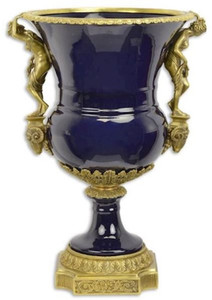 Casa Padrino Barock Porzellan Vase Dunkelblau / Messingfarben 43,4 x 37,5 x H. 60 cm - Prunkvolle Blumenvase - Deko Accessoires im Barockstil