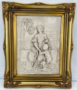 Casa Padrino Barock Wandrelief Grau / Gold 44,5 x H. 55 cm - Antik Stil Wand Deko Stein Relief mit Prunk Rahmen - Deko Accessoires im Barockstil - Barock Wanddeko