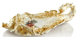 Casa Padrino Barock Serviertablett Schwan mit Blumen Gold / Wei / Mehrfarbig 54 x 30 x H. 16 cm - Handbemaltes Keramik Tablett im Barockstil