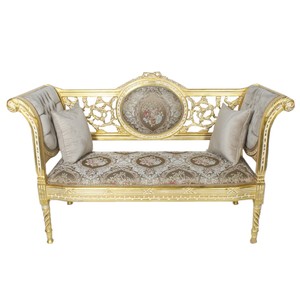 Casa Padrino Barock Sitzbank Grau Creme Muster / Gold 155 x 50 x H. 70 cm - Antikstil Sitzbank