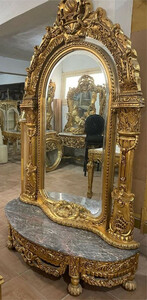 Casa Padrino Barock Spiegelkonsole mit Marmorplatte Gold / Grau - Handgefertigte Barock Konsole mit Spiegel - Barock Mbel - Edel & Prunkvoll