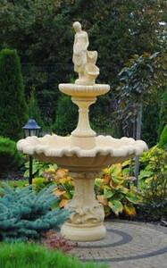 Casa Padrino Barock Springbrunnen Beige  135 x H. 230 cm - Prunkvoller Gartenbrunnen im Barockstil - Runder Gartendeko Stein Brunnen - Barock Garten Deko Accessoires
