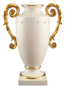 Casa Padrino Barock Vase Elfenbeinfarben / Gold 28 x 18 x H. 36 cm - Prunkvolle handgefertigte & handbemalte Keramik Blumenvase mit Swarovski Kristallglas