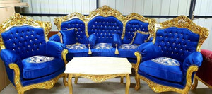 Casa Padrino Barock Wohnzimmer Set Blau Muster / Gold - 1 Barock Sofa & 2 Barock Sessel - Wohnzimmer Mbel im Barockstil - Barock Mbel - Barock Wohnzimmer Einrichtung