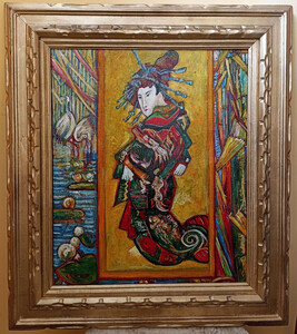 Vintage l Gemlde nach Vincent van Gogh Cortesan Japanese Woman 83.5 x 73.5 cm - Authentisches Antik Gemlde nach Original - Handgemalt