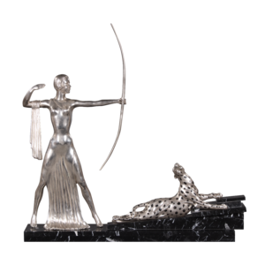 Casa Padrino Bronzefiguren Diana mit Bogen und Leopard auf Marmorsockel Silber / Schwarz 85 x 13 x H. 82 cm - Luxus Deko Diana Gttin der Jagd