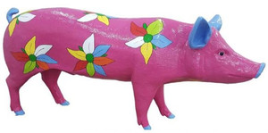 Casa Padrino Designer Dekofigur Schwein mit Blumen Design Lila / Mehrfarbig 160 x H. 70 cm - Lebensgroe Deko Skulptur - Wetterbestndige Gartendeko