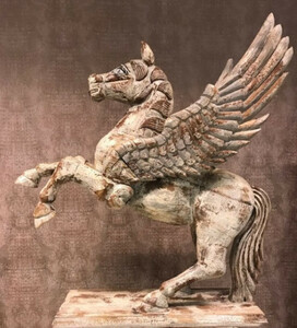 Casa Padrino Luxus Dekofigur Pegasus Pferd Grau / Braun 116 x 50 x H. 116 cm - Massivholz Deko Skulptur - Wohnzimmer Deko Accessoires