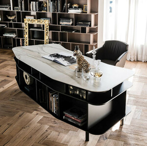 Casa Padrino Luxus Schreibtisch mit Keramikplatte Schwarz / Wei-Gold 235 x 99 x H. 75 cm - Brotisch - Computertisch - Luxus Bro Mbel