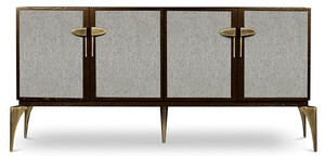 Casa Padrino Designer Sideboard Braun / Grau / Messing 192 x 46 x H. 90 cm - Massivholz Schrank mit 4 Tren - Wohnzimmer Mbel - Hotel Mbel - Luxus Kollektion