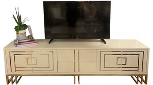 Casa Padrino Luxus TV Schrank Grau / Gold 220 x 45 x H. 60 cm - Edler Fernsehschrank mit 4 Tren und 2 Schubladen - Luxus Wohnzimmer Mbel