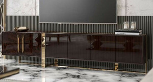Casa Padrino Luxus Art Deco TV Schrank Dunkelbraun Hochglanz / Gold - Edler Wohnzimmer Fernsehschrank mit 6 Tren - Art Deco Mbel