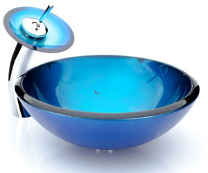 Casa Padrino Designer Waschtisch Set Blau  43 x H. 30 cm - Einhebel Wasserhahn mit rundem Glas Waschbecken - Luxus Bad Zubehr