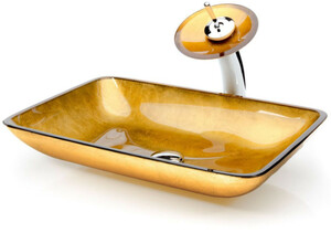 Casa Padrino Designer Waschtisch Set Orange / Gold 55 x 35 x H. 30 cm - Einhebel Wasserhahn mit rechteckigem Glas Waschbecken - Luxus Bad Zubehr