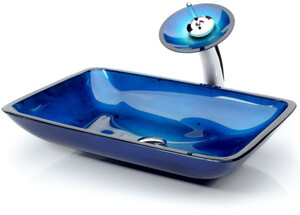 Casa Padrino Designer Waschtisch Set Blau 55 x 35 x H. 30 cm - Einhebel Wasserhahn mit rechteckigem Glas Waschbecken - Luxus Bad Zubehr