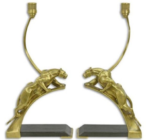Casa Padrino Art Deco Kerzenhalter Set Panther Gold / Schwarz 23,4 x 11,8 x H. 47,4 cm - Elegante Bronze Kerzenstnder - Deko Accessoires