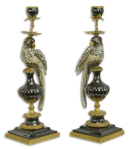 Casa Padrino Jugendstil Kerzenhalter Set Papagei Schwarz / Gold 16,1 x 12,8 x H. 48 cm - Elegante Porzellan Kerzenstnder - Barock & Jugendstil Deko Accessoires