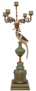 Casa Padrino Jugendstil Kerzenhalter mit dekorativem Papagei Mehrfarbig / Messing 35,5 x 35,5 x H. 83,5 cm - Deko Accessoires