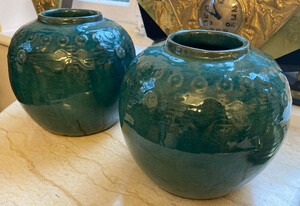 Casa Padrino Antik Stil Porzellan Vasen Set Antik Grn  20 x H. 18 cm - Runde Blumenvasen - Porzellan Deko - Luxus Deko - Wohnzimmer Deko - Deko Accessores