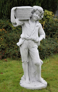 Casa Padrino Jugendstil Skulptur Junge mit Blumentopf Grau 50 x 40 x H. 67 cm - Elegante Garten Deko Stein Figur mit Pflanzentopf - Barock & Jugendstil Garten Deko Accessoires