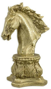Casa Padrino Kunstharz Deko Skulptur Pferdekopf auf Barock Sockel Gold 17,9 x 22,5 x H. 40,2 cm - Elegante Dekofigur - Schreibtisch Deko - Wohnzimmer Deko