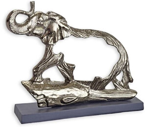 Casa Padrino Luxus Aluminium Deko Skulptur Elefant Silber / Grau 48,3 x 10,5 x H. 38,4 cm - Aluminium Deko Figur mit Holzsockel - Wohnzimmer Deko - Schreibtisch Deko