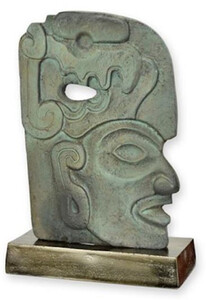 Casa Padrino Luxus Aluminium Deko Skulptur Maya Gesicht Antik Mintgrn / Grau / Gold 24 x 10,4 x H. 35,4 cm - Aluminium Deko Figur - Wohnzimmer Deko - Schreibtisch Deko