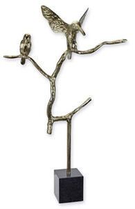 Casa Padrino Luxus Aluminium Deko Skulptur Vgel auf Ast Silber / Schwarz 45,6 x 15,2 x H. 75 cm - Aluminium Deko Figur mit Marmorsockel - Wohnzimmer Deko - Schreibtisch Deko