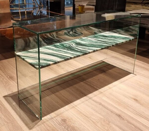 Casa Padrino Luxus Glas Konsole mit Marmor Regal Grn / Cremewei 90 cm