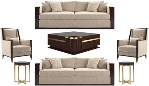 Casa Padrino Luxus Art Deco Wohnzimmer Set Beige / Dunkelbraun Hochglanz / Gold - 2 Sofas & 2 Sessel & 1 Couchtisch & 2 Beistelltische - Edle Wohnzimmer Mbel - Luxus Qualitt