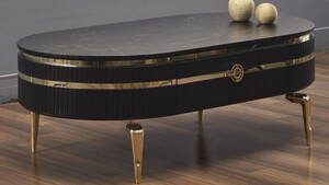 Casa Padrino Luxus Art Deco Couchtisch Schwarz / Gold 120 x 67 x H. 42 cm - Ovaler Wohnzimmertisch mit Schublade und Kunstmarmor Tischplatte - Wohnzimmer Mbel - Art Deco Mbel - Luxus Mbel