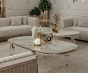 Casa Padrino Luxus Art Deco Couchtisch Wei / Grau / Gold 160 x 91 x H. 49 cm - Wohnzimmertisch mit edler Kunstmarmor Tischplatte - Art Deco Wohnzimmer Mbel - Luxus Wohnzimmer Mbel